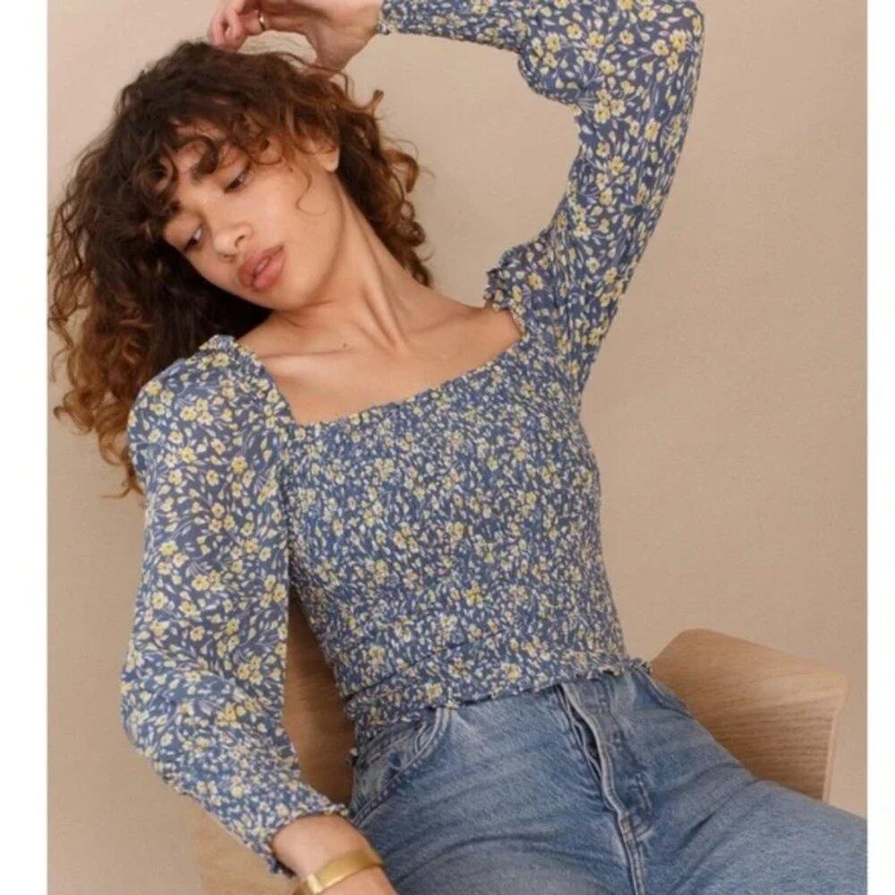 Reformation Pinto Smocked Top in Blue Wallflower